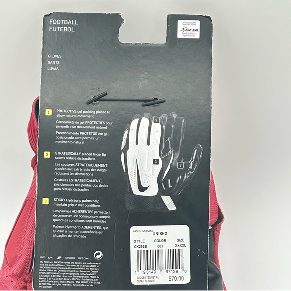 Men’s Nike D-Tack Lineman Padded Football Gloves Size 4XL CK2926-661 Maroon/Red - Picture 2 of 2